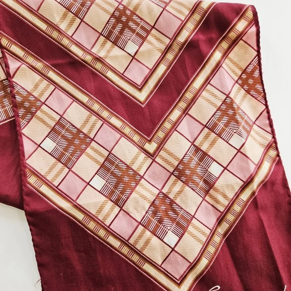 Vintage Leonardi Signed 100% Silk Burgundy Geometric Pattern Rectangular Scarf